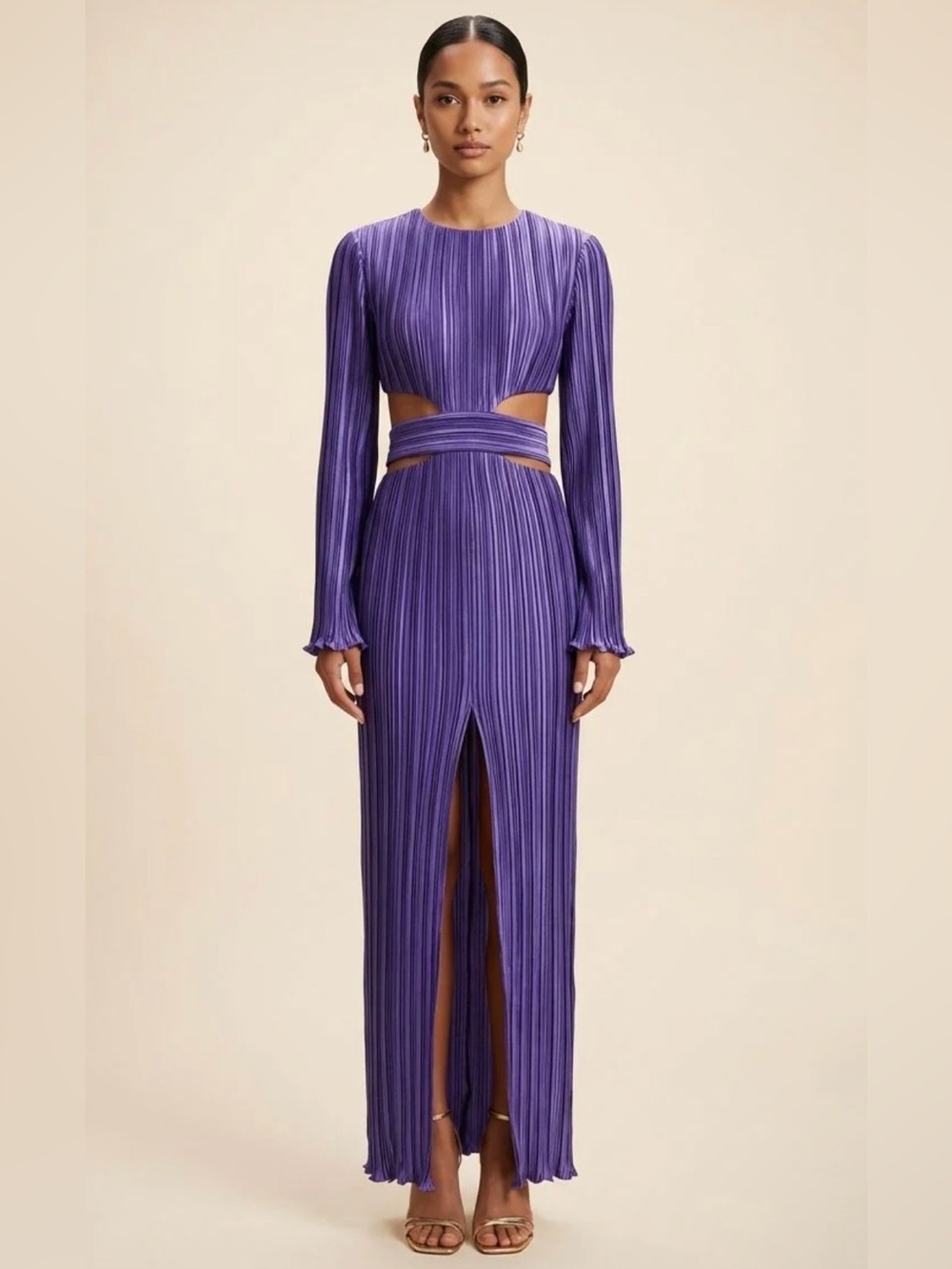 Aiifos Phillipa Gown Violet Pleated Long Sleeve Gown with side cut outs